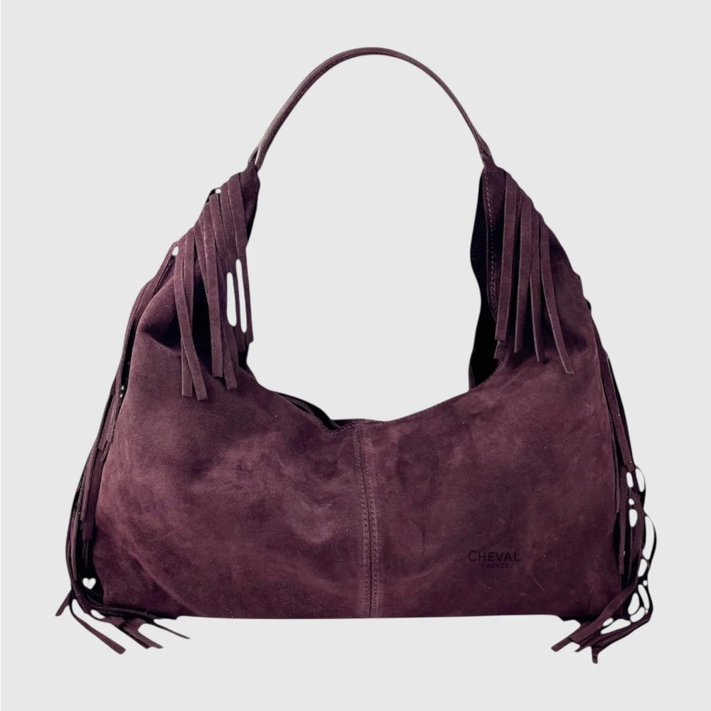 Genuine Leather Burgundy Purple Suede Fringe Hobo Shoulder Bag
